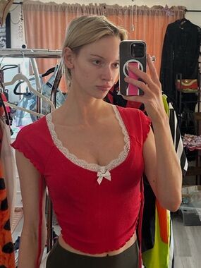 Red halter shirt with white lace